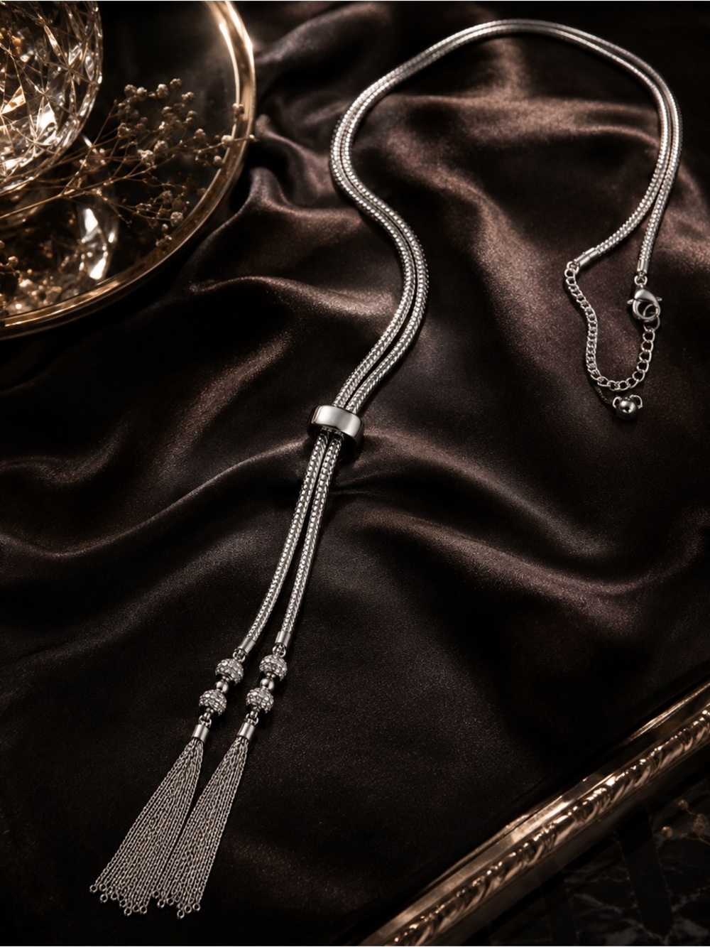 Silver-Tone Long Lariat Tassel Necklace – Adjustable Statement Necklace